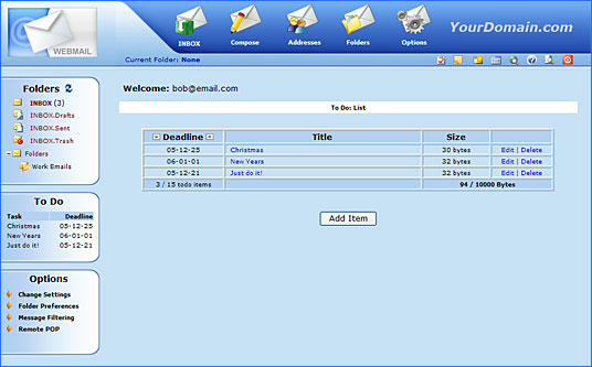 WebMail todo list screen